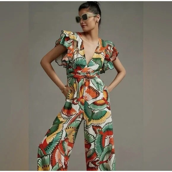 FARM Rio Pants - Farm Rio New Anthropologie Ruffle-Sleeve Linen Jumpsuit Size L